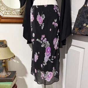 VTG Y2K Clio Black & Purple Floral Pattern Mesh Dark Femme Fairy Midi Skirt L/M